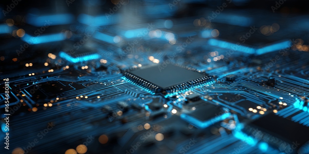 Poster abstract technology background featuring blue circuit patterns and glowing elements in digital desig