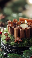 Festive holiday centerpiece with cinnamon sticks, star anise, and a burning candle arranged on a mossy green base, creating a warm and aromatic Christmas decoration