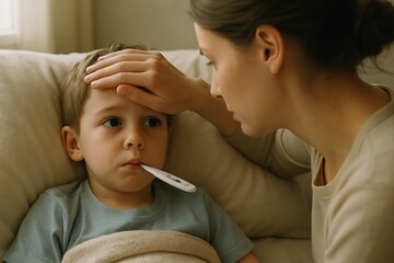 mother gently cares for sick child at home with thermometer in mouth