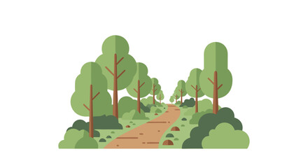 Serene woodland pathway illustrated with lush green trees and a tranquil dirt trail winding through natural surroundings