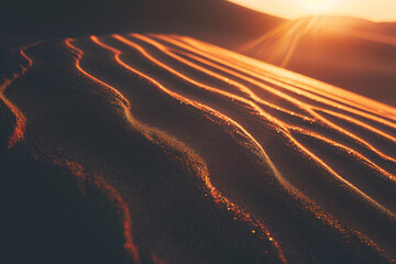 close up horizontal image of desert sand illuminated by sunlight at sunset