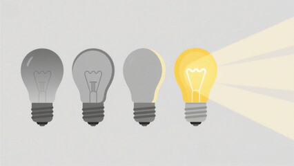 Four lightbulbs, three dimmed, one brightly lit, radiating light, symbolizing idea generation and innovation.