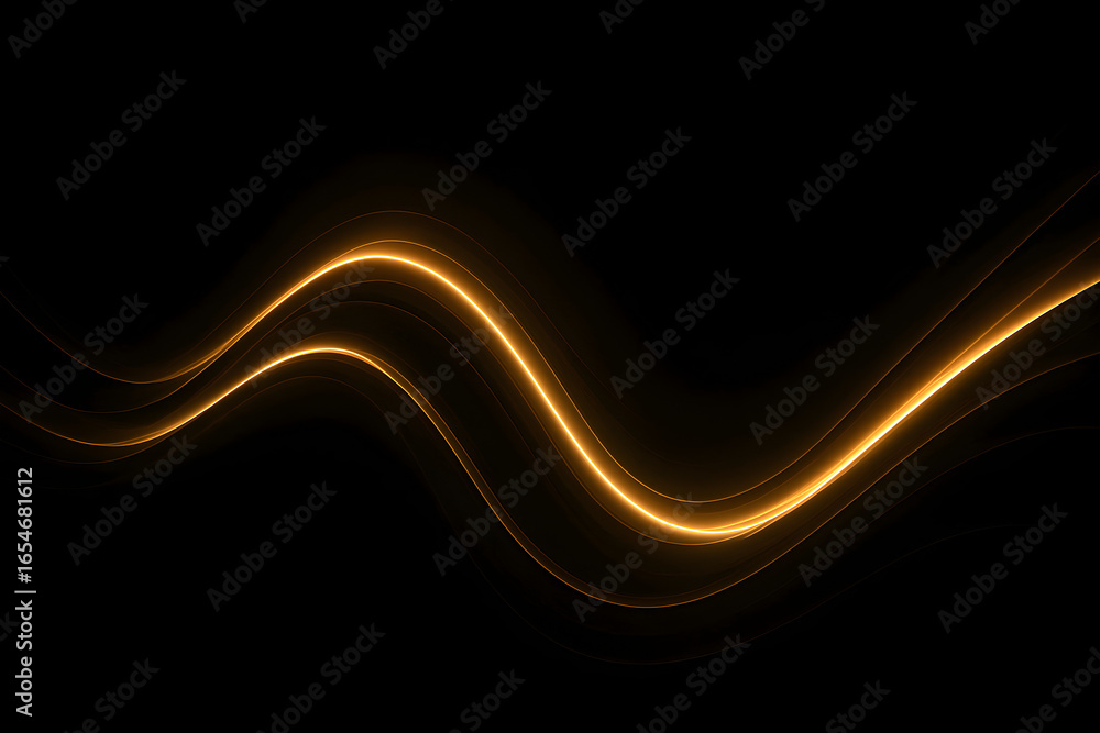 Poster abstract flowing blue light lines form a dynamic technological wave pattern on a black background, p