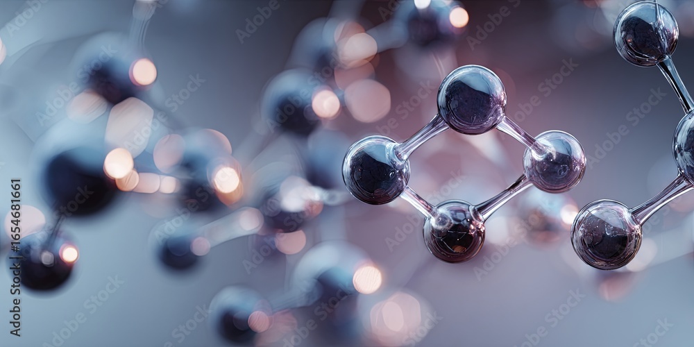 Poster abstract visualization of molecular structure showcasing interconnected atoms with a soft gradient b