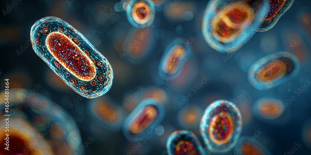 Poster colorful microorganisms under microscope with blurred background creating a science imagery of cells
