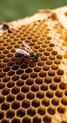 A bee rests on a golden honeycomb, showcasing the intricate hexagonal structure of the beeswax cells.