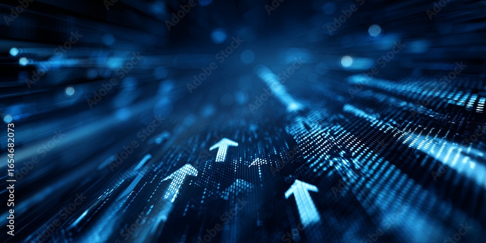Poster abstract blue technology background with dynamic lines, arrows and digital elements representing inn