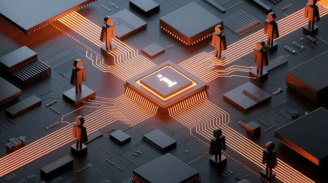 Abstract digital network with glowing orange circuits and human figures technology circuit board
