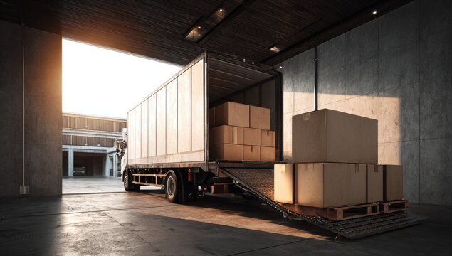 Truck unloading boxes in warehouse. Sunlight streams in - Powered by Adobe