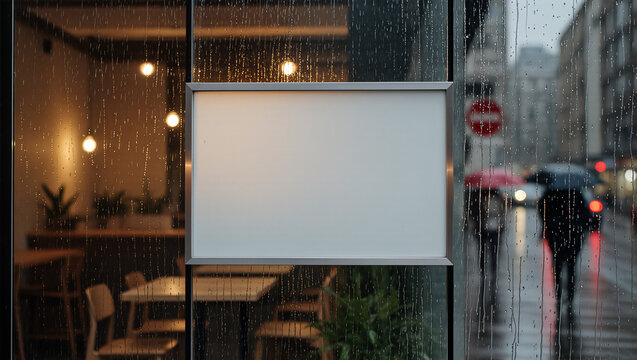 A blank horizontal sign hangs on a rainy cafe window. The empty space is an excellent mockup for displaying a logo, menu, or special offers for a restaurant or coffee shop.