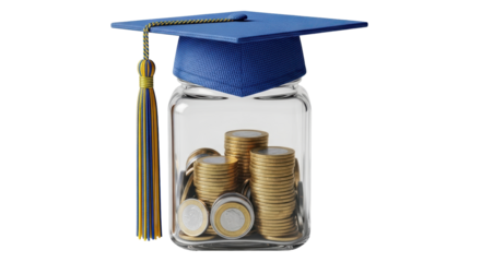 Isolated Graduation Cap on Jar with Coins