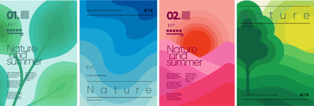 Nature. Vector minimal geometric abstract illustration of plant and leaf, landscape, sea and ocean and mountains in sunset with simple gradient for poster, background or cover	
