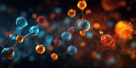 Abstract representation of atomic structure and molecular interactions in a visually stunning cosmic background of vibrant colors