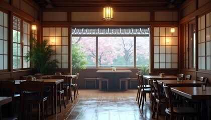 Empty traditional Korean Hanok cafe interior on a rainy spring morning, soft light through paper windows, polished wooden floors, cherry blossoms visible outside.