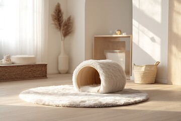 Fototapeta na wymiar Stylish pet cave on plush rug creates cozy sanctuary in sunlit modern home interior for happy pets