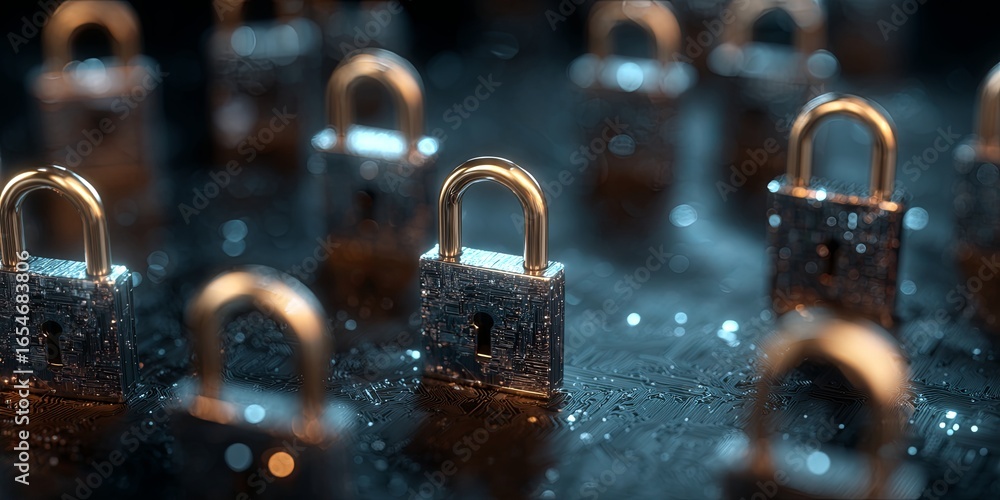 Poster global network of digital security locks representing cybersecurity and data protection concepts in 