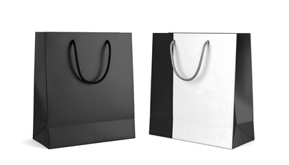 Stylish Black  White Shopping Bags on White Background with Modern Gift Concept.