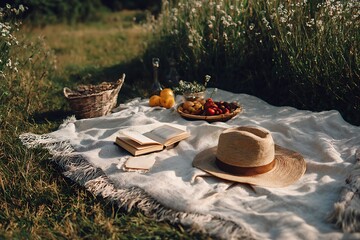 Enjoy a relaxing picnic with fresh fruits, an engaging book, and a stylish hat in the sunshine