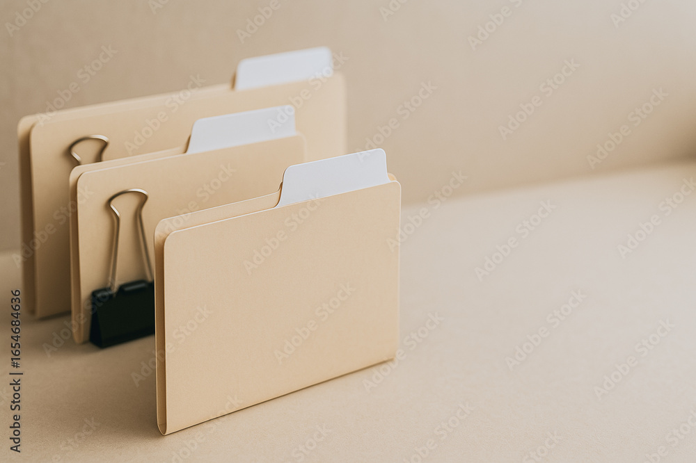 Poster document management: organized files, papers, documents, and information. three file folders arrange