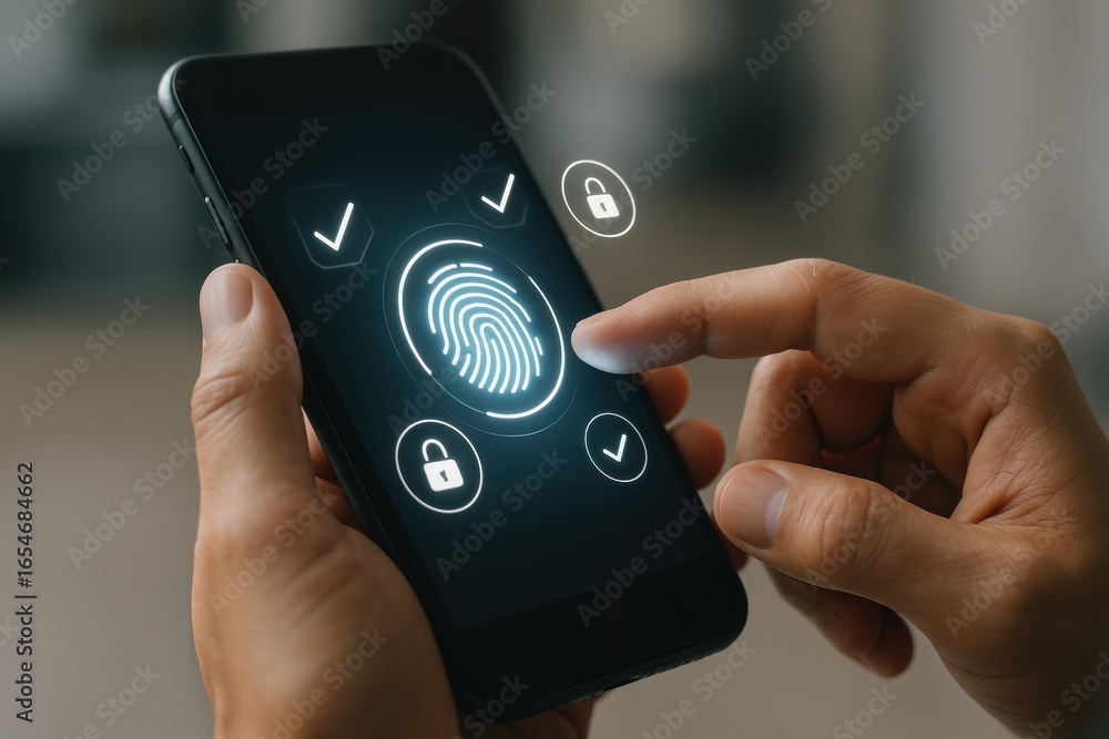 Poster fingerprint authentication: a close-up shot showing a person's finger interacting with a modern smar