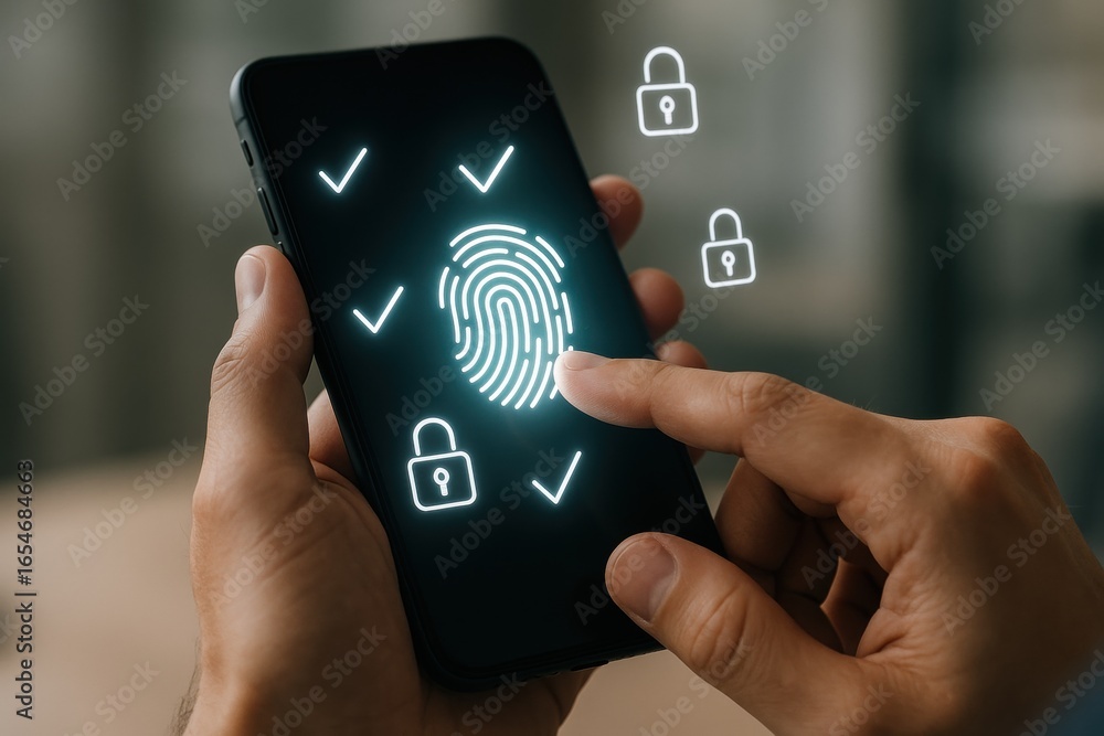 Poster smartphone biometric authentication: a person is holding a smartphone, activating fingerprint biomet