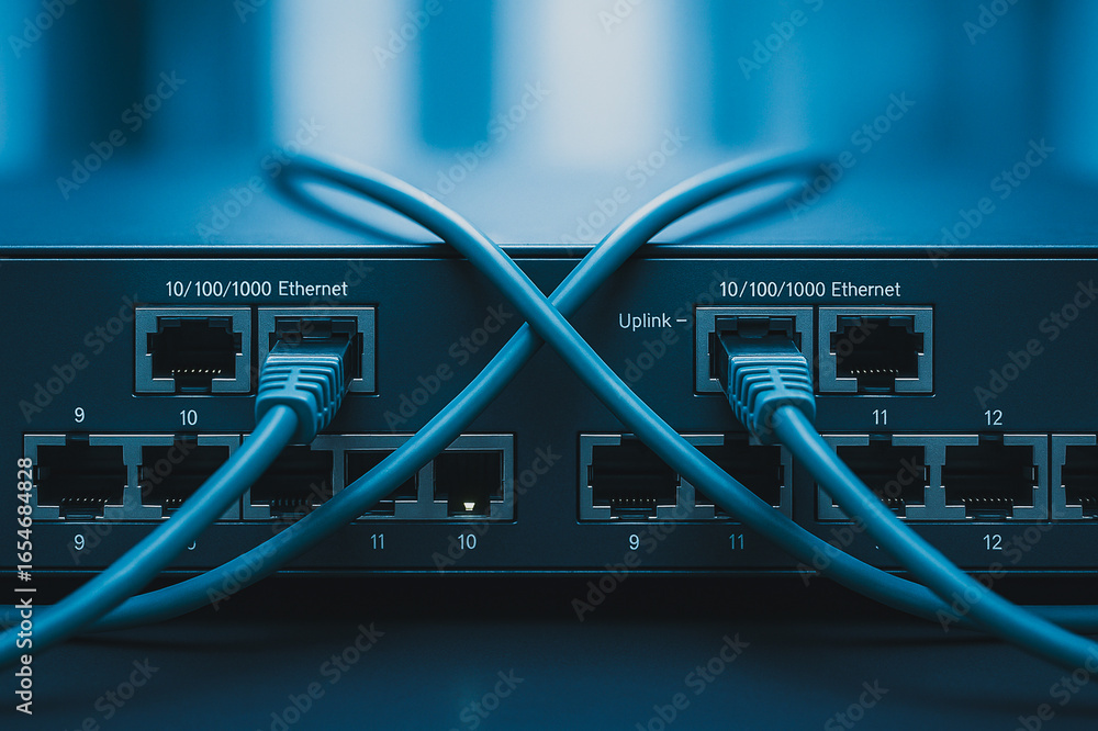 Poster network connection: a close-up shot reveals an ethernet switch with cables meticulously connected, s