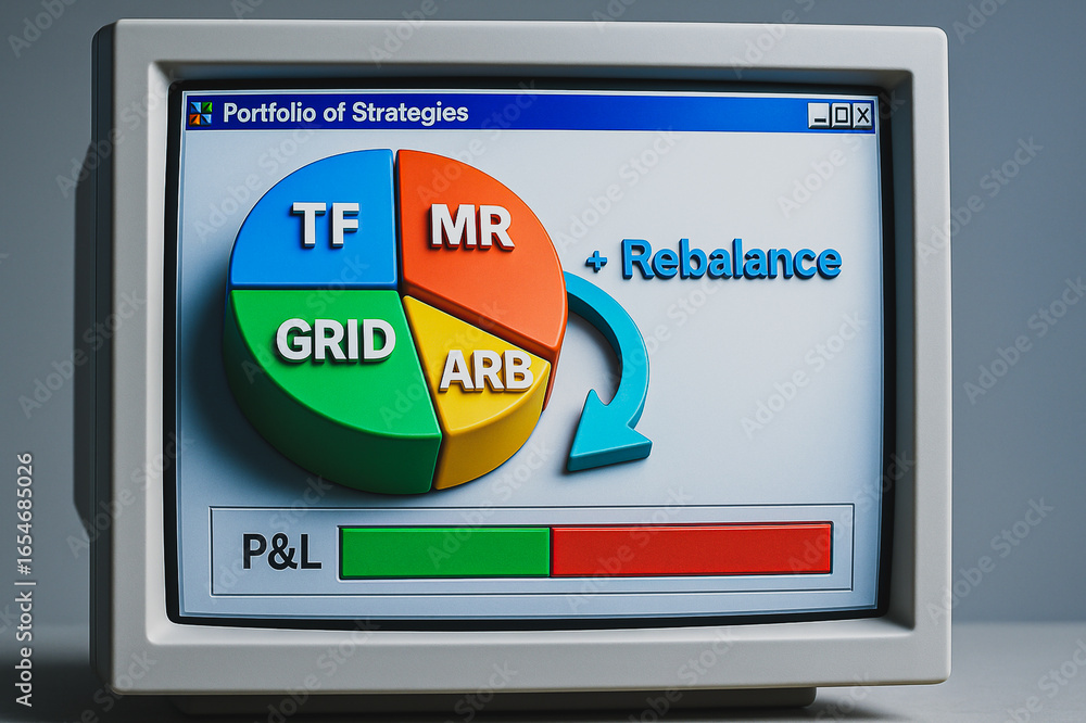 Poster portfolio strategy on monitor: an old style monitor displays a pie chart representing a portfolio of