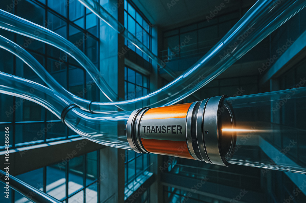 Poster data transfer conduit: an industrial and technological scene, showcasing data transmission through a