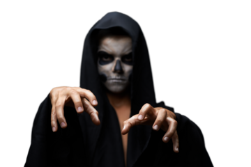 Person in Hooded Cloak with Skeleton Makeup