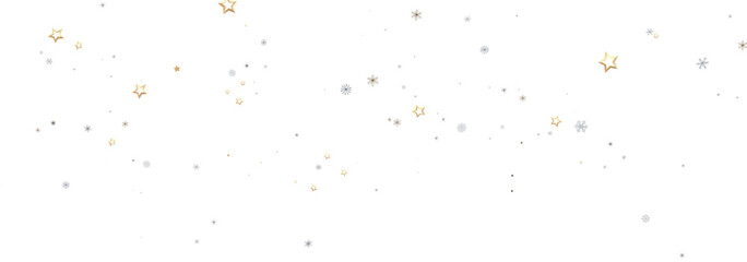 Festive winter background with gold and silver stars and snowflakes on white. Perfect for holidays.