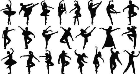 Ballet dancer silhouettes, dance poses vector, graceful movement clipart, ballet position icons, elegant dance graphics, black human shape illustrations