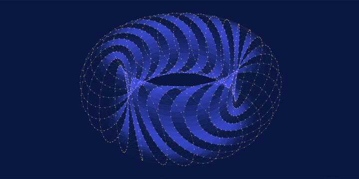 3D grid polygonale torus from blue elips in dark cyberspace.  Digital concept scientific, technology and computing. Quantum model computing of yellow data dots.