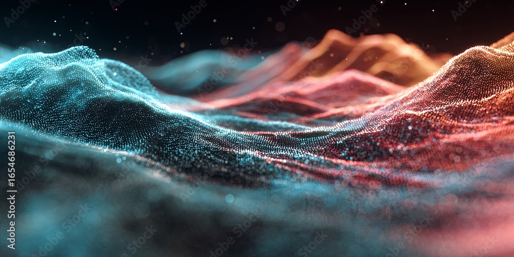 Poster futuristic neon abstract landscape with waves and light effects in a digital environment