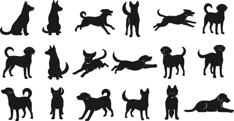 Dog, silhouette, variety, breeds, poses, standing, sitting, running, lying, walking, playful, alert, tail, wagging, jumping, resting, barking, pet, animal, canine