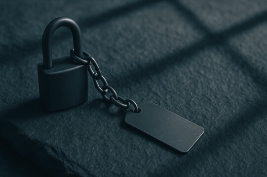 Security and Privacy: A high-angle shot captures a sleek, metallic lock with a attached tag sitting atop a textured surface, the cool gray tones create a sense of protection and solitude. 