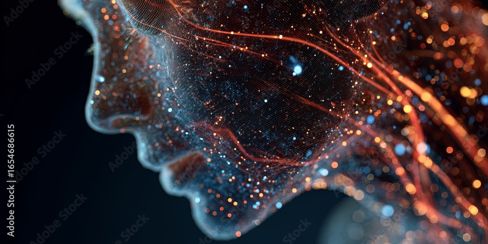 Poster futuristic rendering of human head with interconnected neural pathways and glowing data points repre