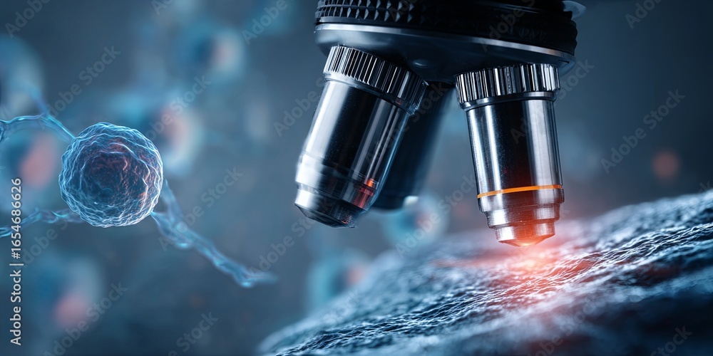 Poster close-up view of a microscope focusing on cells with blue lighting and scientific background for res