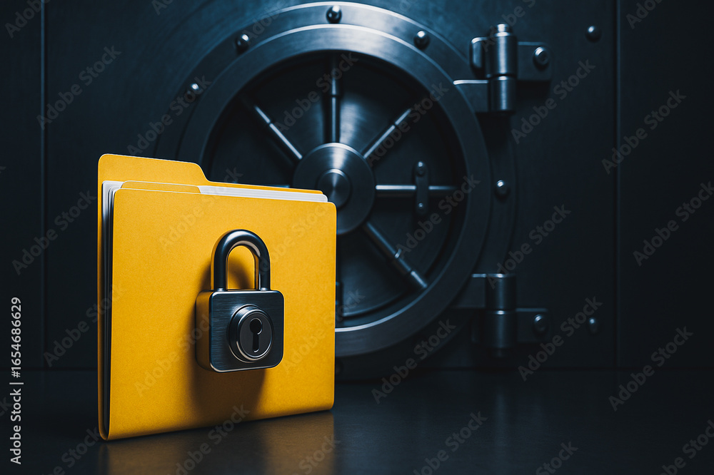 Poster secured data: a close-up shot of a yellow file folder secured with a padlock, placed in front of a c