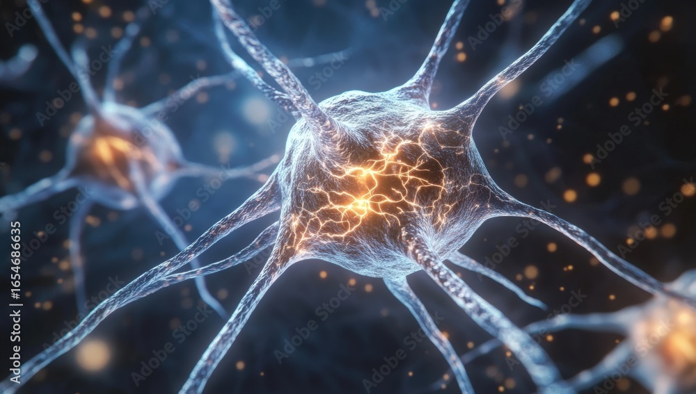 Poster a detailed close-up of neurons showing electrical impulses and synaptic connections in a neural netw