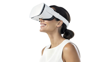 Person with tied-back hair wearing white VR headset – Immersive gaze in virtual realm, Technology, Abstract, virtual reality, simulation, experience, innovation