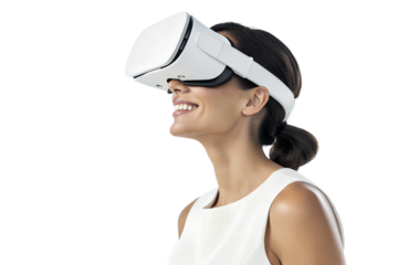 Person with tied-back hair wearing white VR headset – Immersive gaze in virtual realm, Technology, Abstract, virtual reality, simulation, experience, innovation