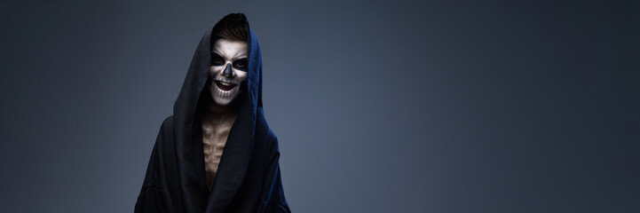 Grinning Skull-faced Person in Hooded Cloak Wide Banner