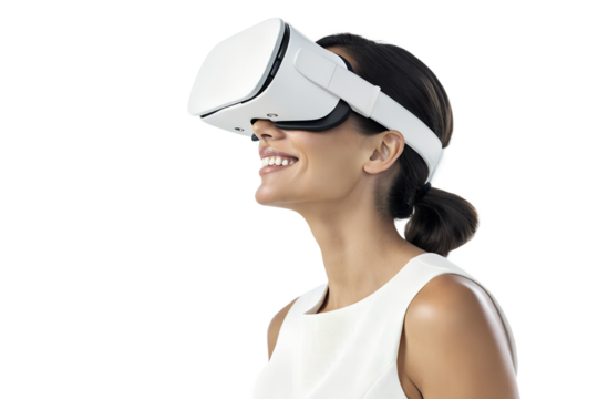 Person with tied-back hair wearing white VR headset – Immersive gaze in virtual realm, Technology, Abstract, virtual reality, simulation, experience, innovation