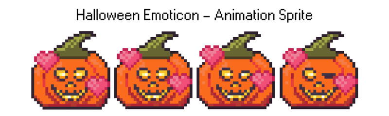 Fototapeta premium Pumpkin love face pixel art emoticon. Smile and heart bit character for retro halloween chat. Y2k animation spritesheet for trick or treat with humor. Gif video sprite with creative pixelart effect.