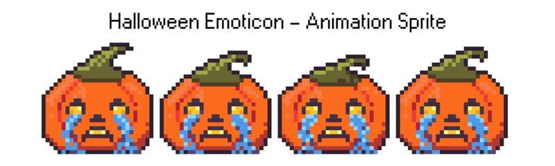 Obraz premium Sad Halloween pumpkin character pixel art vector. Cry emotion expression for game or sticker. Chat avatar with feeling and mood in creative style. 2d video gif animation sprite 8bit element.