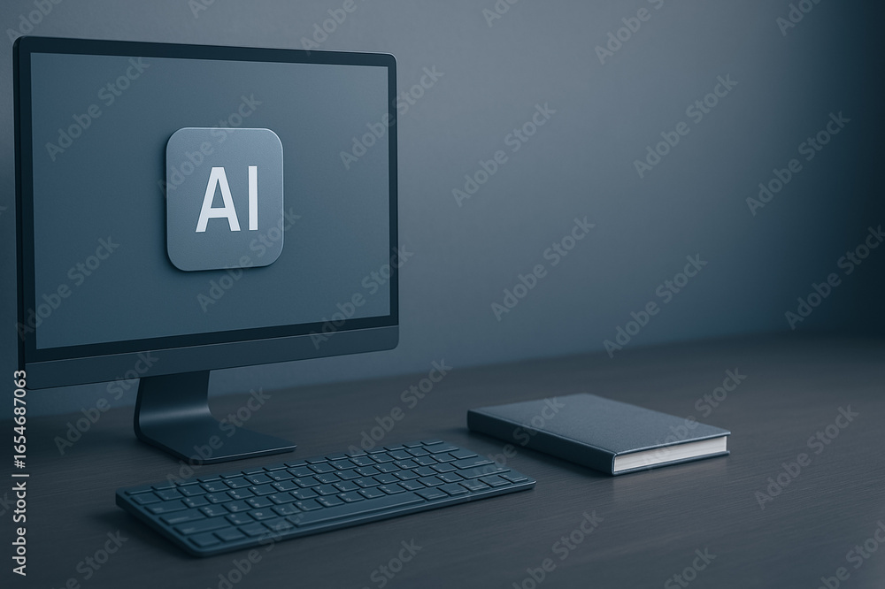 Aufkleber ai on the horizon: a modern workstation featuring a sleek computer screen, a notepad, and a keyboard