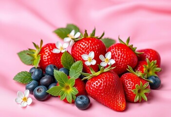Pink wave background, fresh strawberries, blueberries, and delicate blossoms, food, juicy