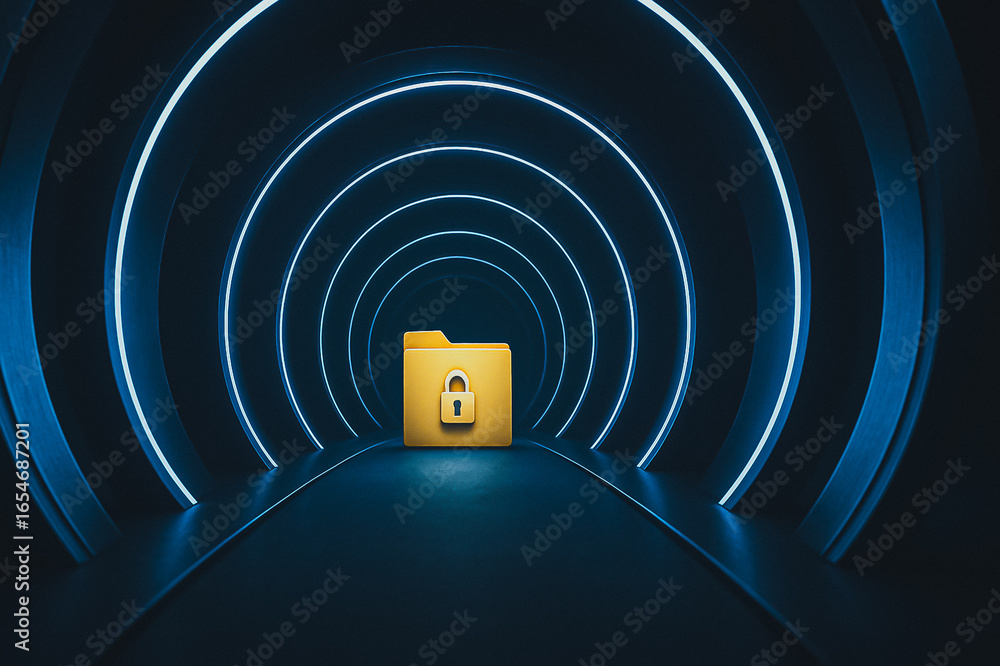 Poster digital security sanctuary: an illuminated tunnel frames a secure digital folder, conveying data pro