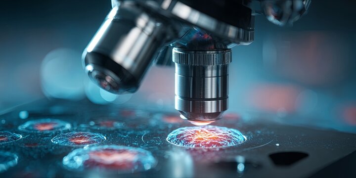 Close-Up View of a Microscope Focusing on Cells with Blue Lighting and Scientific Background for Research and Analysis
