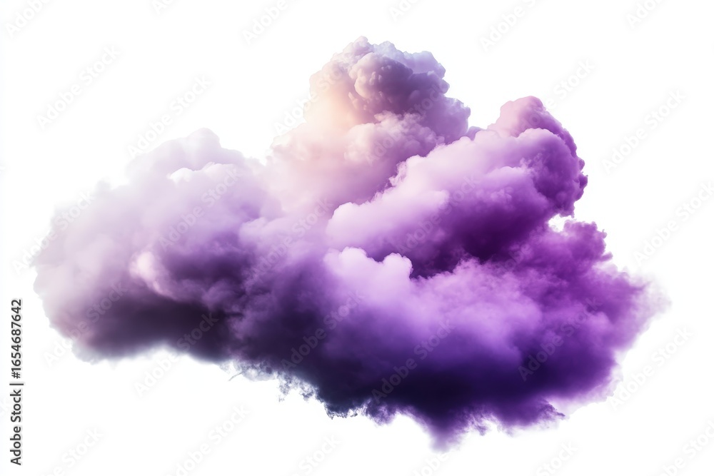 Poster a vibrant, dense purple smoke cloud with soft lighting and a white background, creating an abstract 